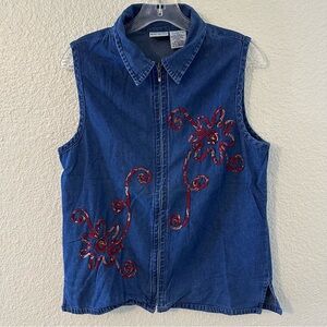 Bobbie Brooks Vintage Dark Blue Denim Red Embroidered Zip-Up Women’s Vest
